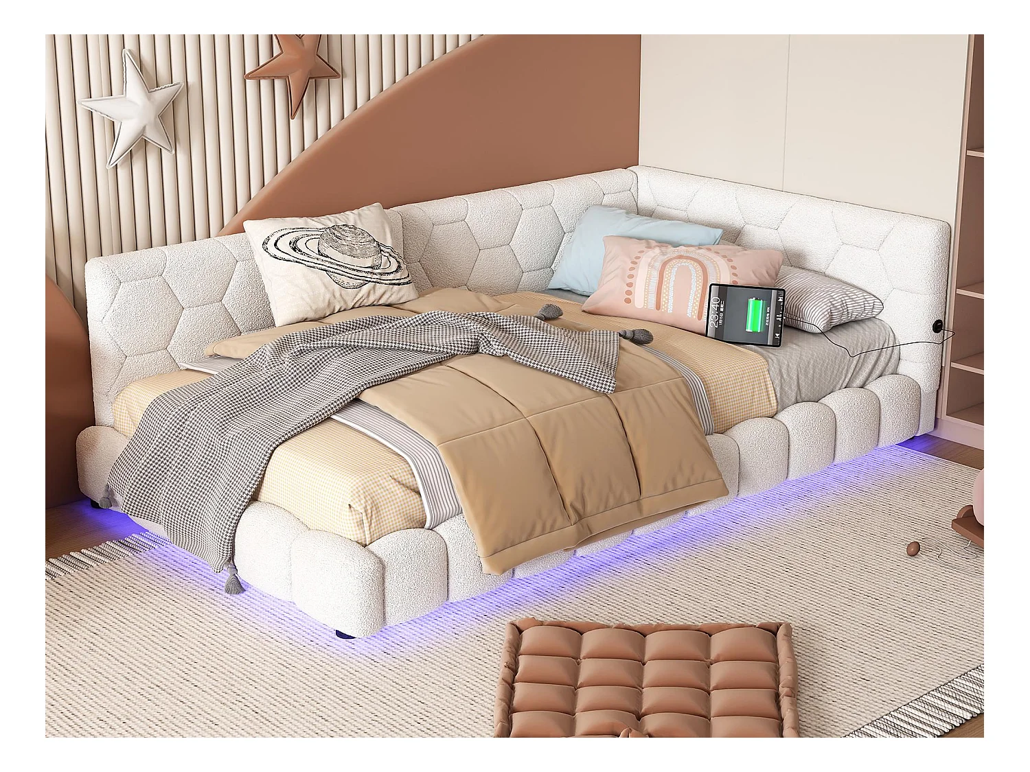Lit banquette 90x200cm en velours - avec LED et Port USB - Blanc