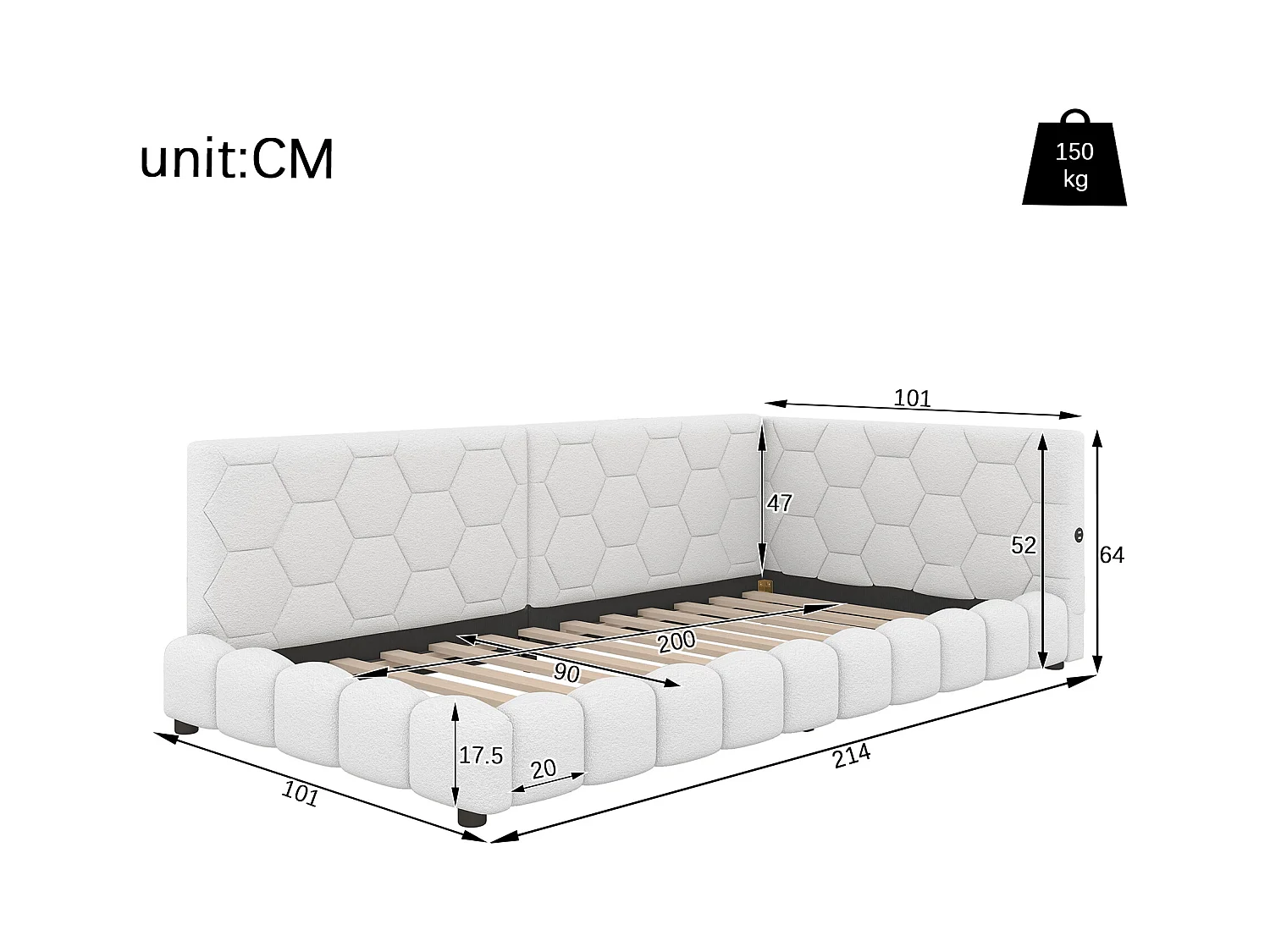 Fluwelen slaapbank 90x200cm - met LED en USB-poort - Wit