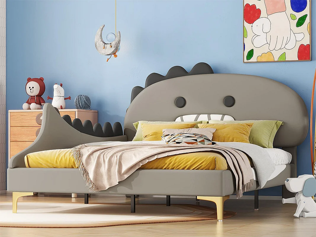 Lit enfant 140x200 cm - en forme de dinosaure - en similicuir - Gris