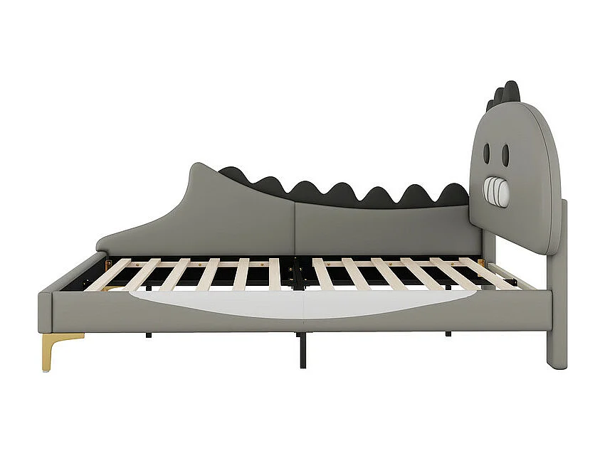 Lit enfant 140x200 cm - en forme de dinosaure - en similicuir - Gris