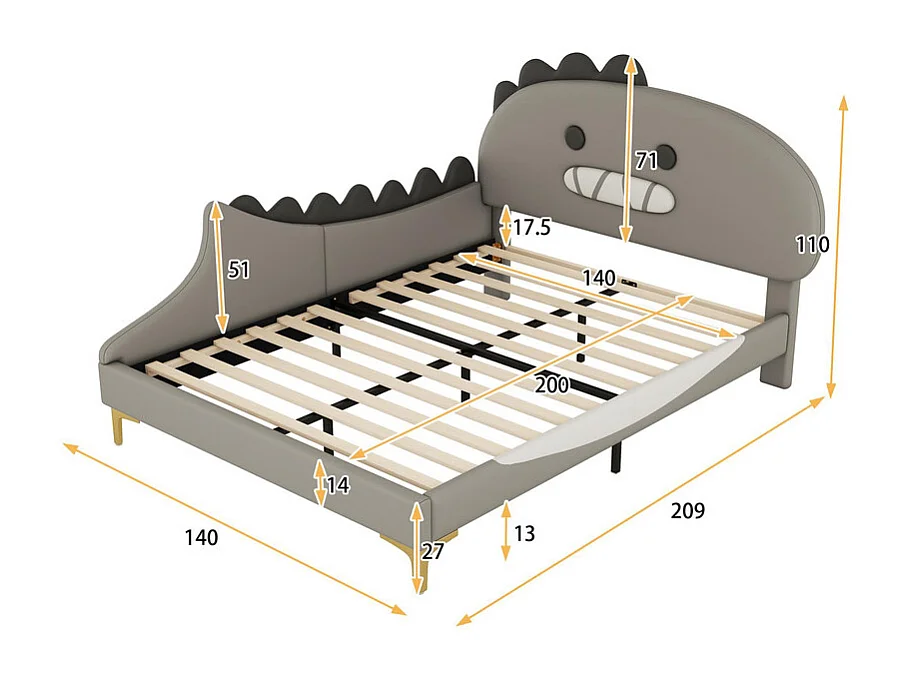 Lit enfant 140x200 cm - en forme de dinosaure - en similicuir - Gris