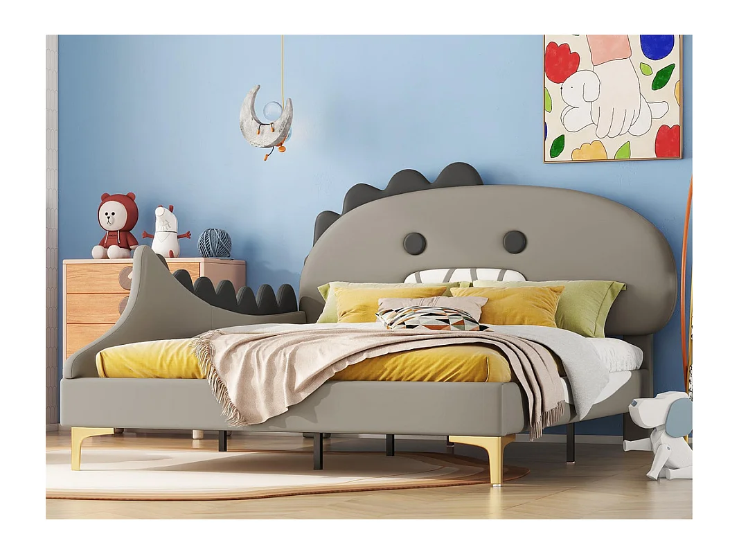 Lit enfant 140x200 cm - en forme de dinosaure - en similicuir - Gris