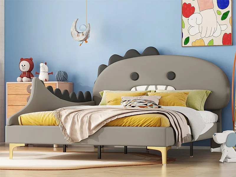 Lit enfant 140x200 cm - en forme de dinosaure - en similicuir - Gris