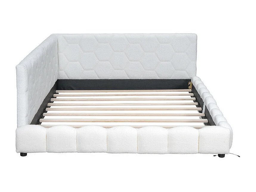 Lit banquette 140x200cm en velours - avec LED et Port USB - Blanc