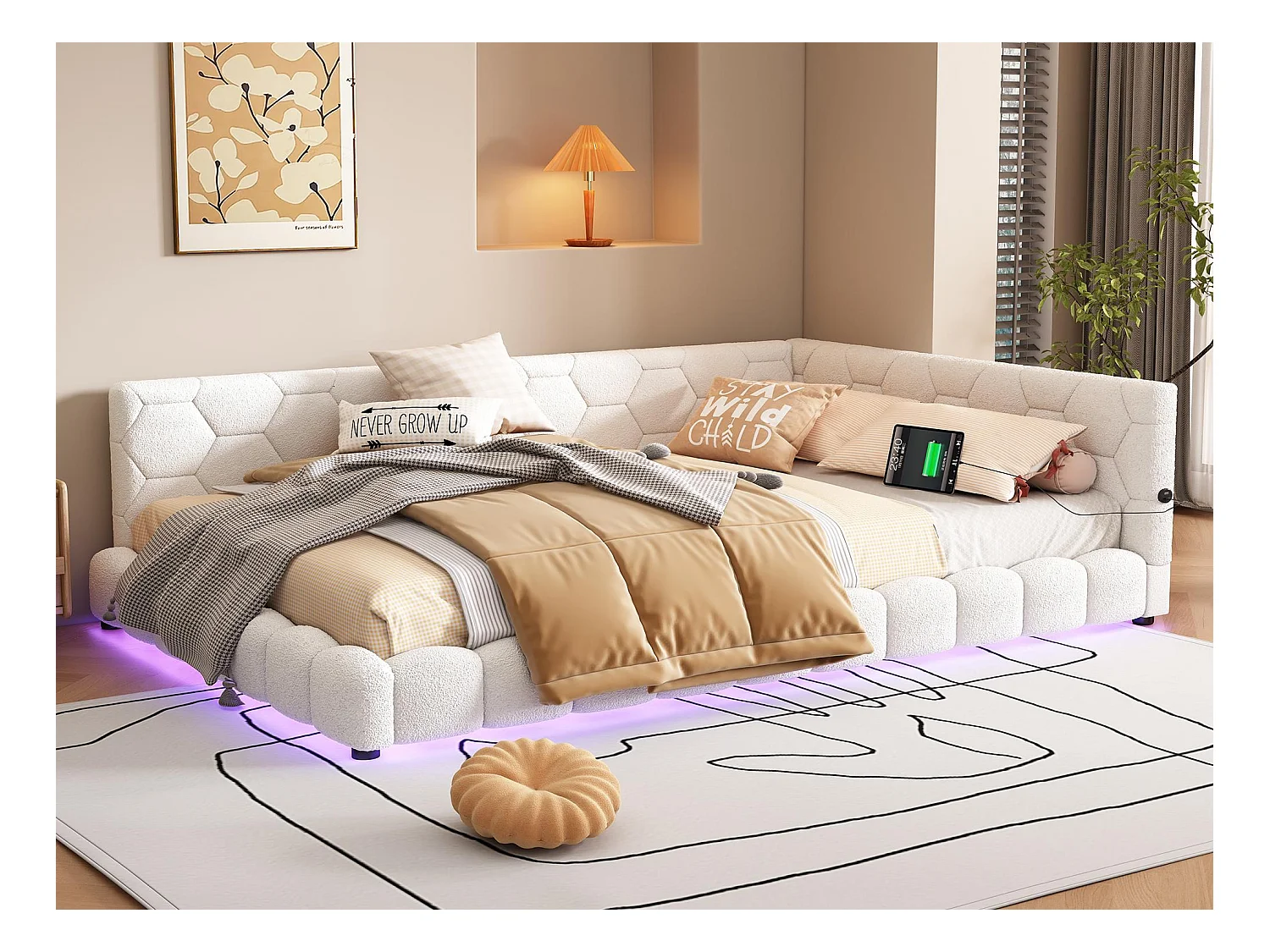 Lit banquette 140x200cm en velours - avec LED et Port USB - Blanc
