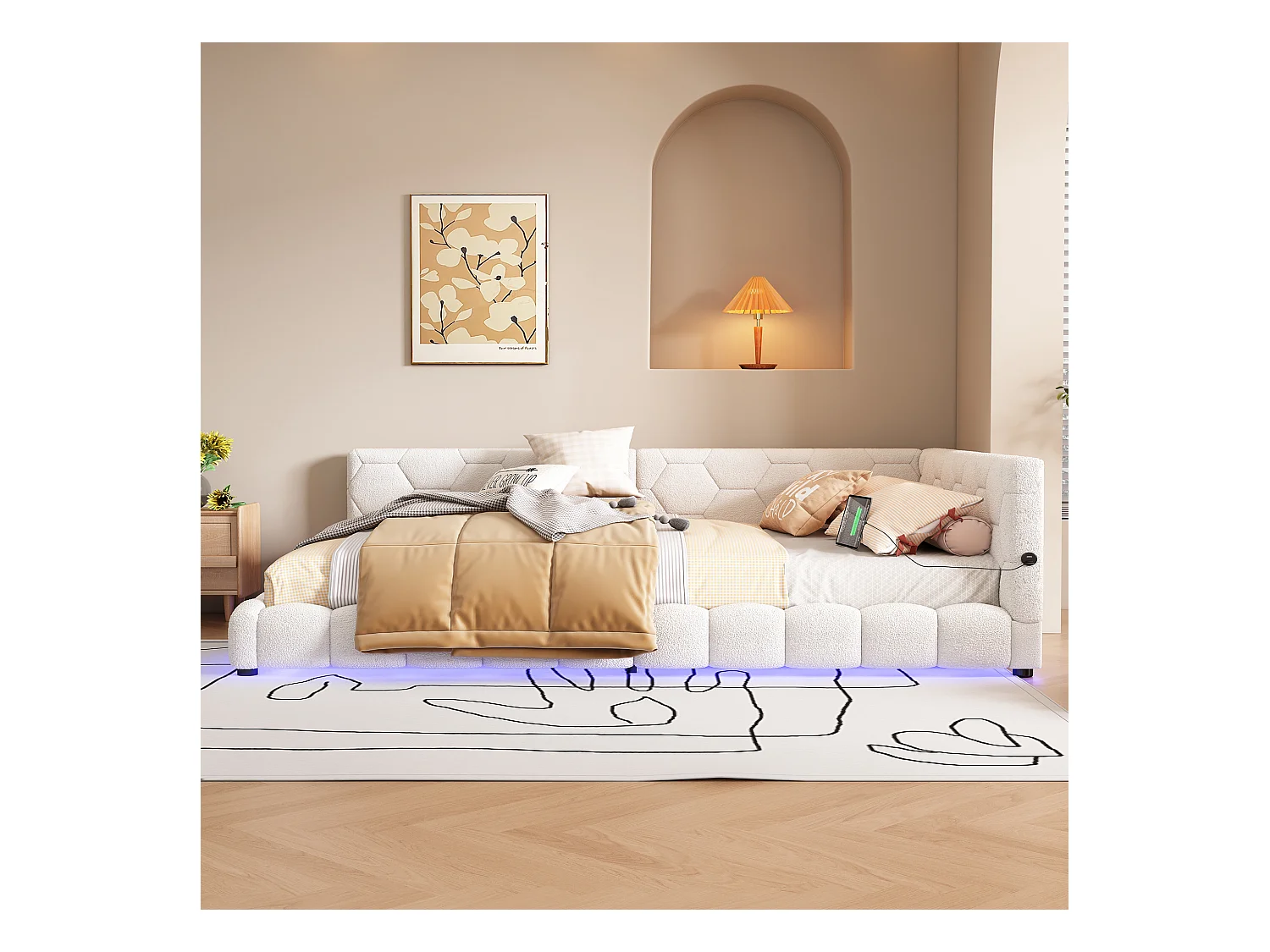 Fluweel daybed 140x200cm - met LED en USB poort - Wit