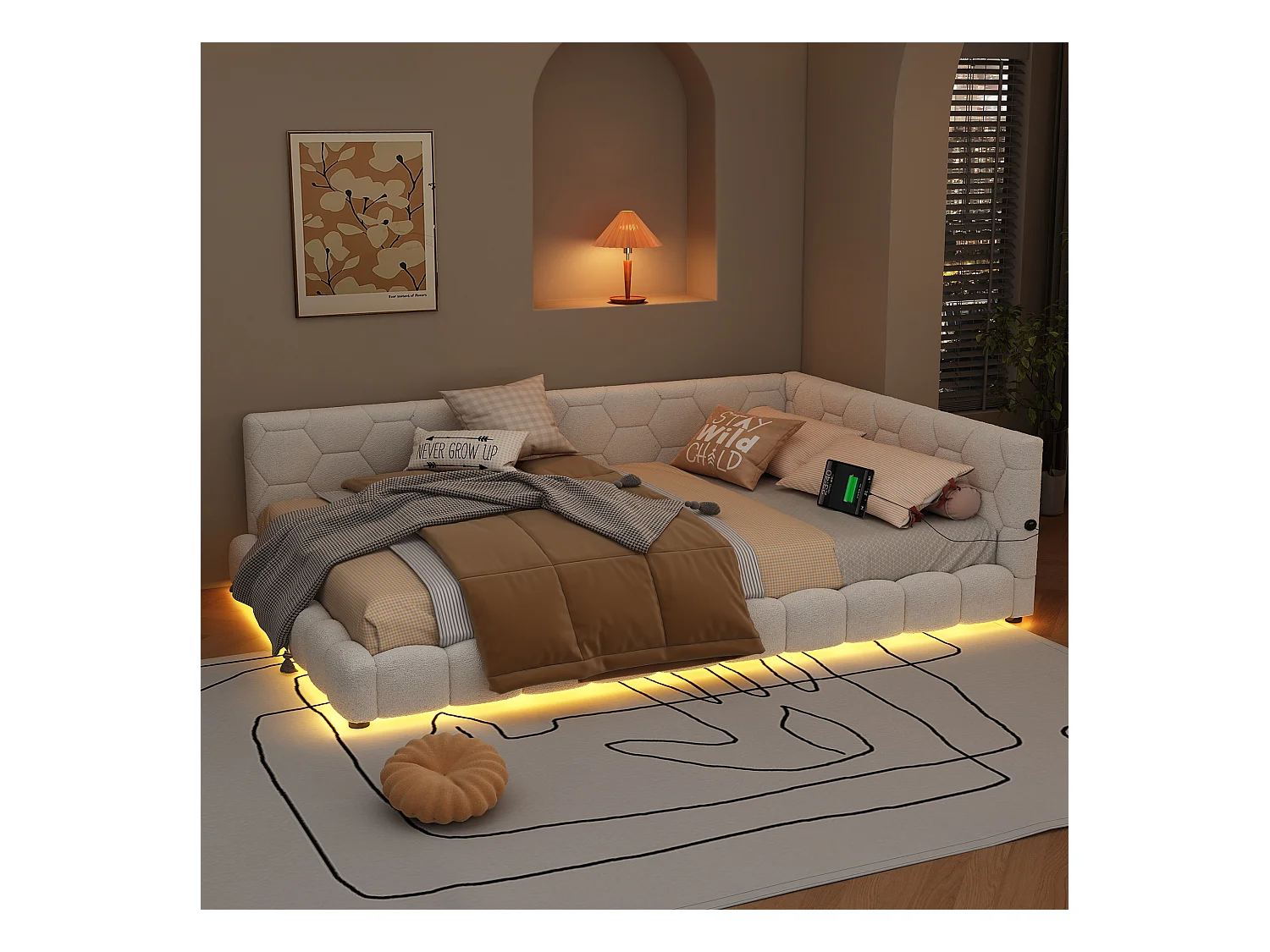 Fluweel daybed 140x200cm - met LED en USB poort - Wit