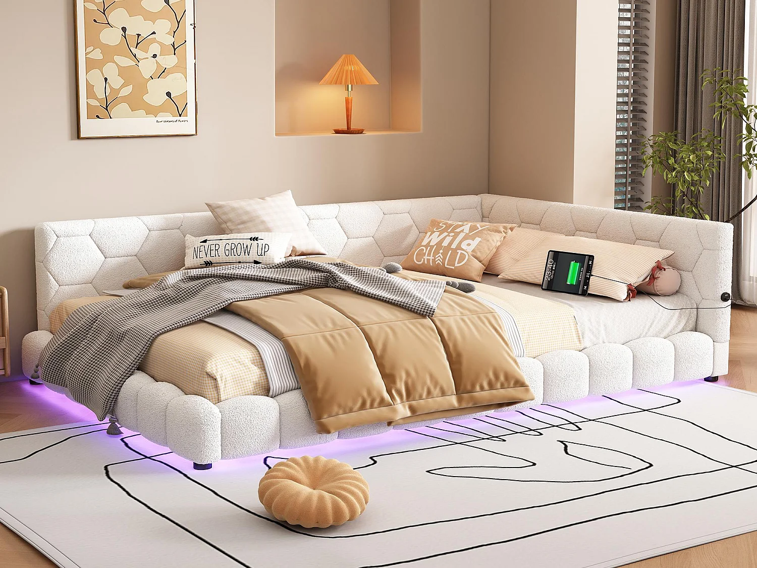 Fluweel daybed 140x200cm - met LED en USB poort - Wit