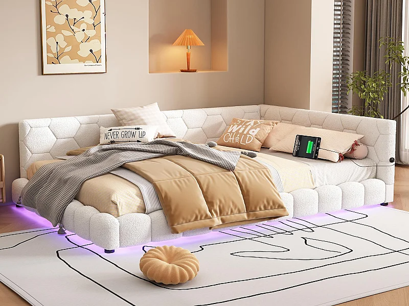 Fluweel daybed 140x200cm - met LED en USB poort - Wit