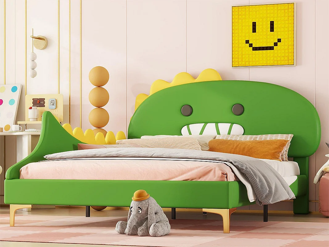 Cama infantil 140x200 cm - con forma de dinosaurio - en símil piel - Verde