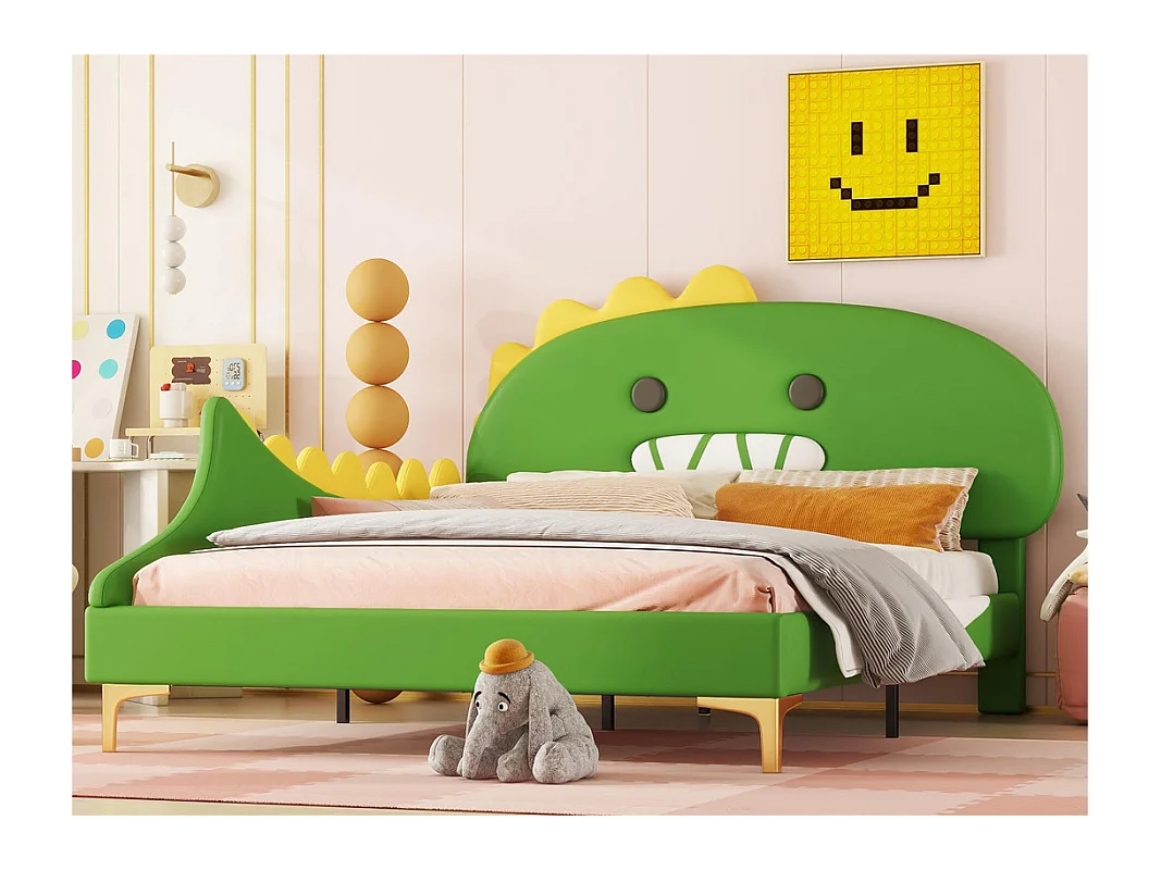 Lit enfant 140x200 cm - en forme de dinosaure - en similicuir - Vert