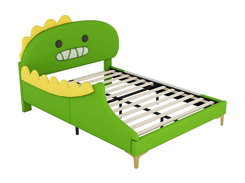 Kinderbed 140x200 cm - dinosaurusvorm - in kunstleer - Groen
