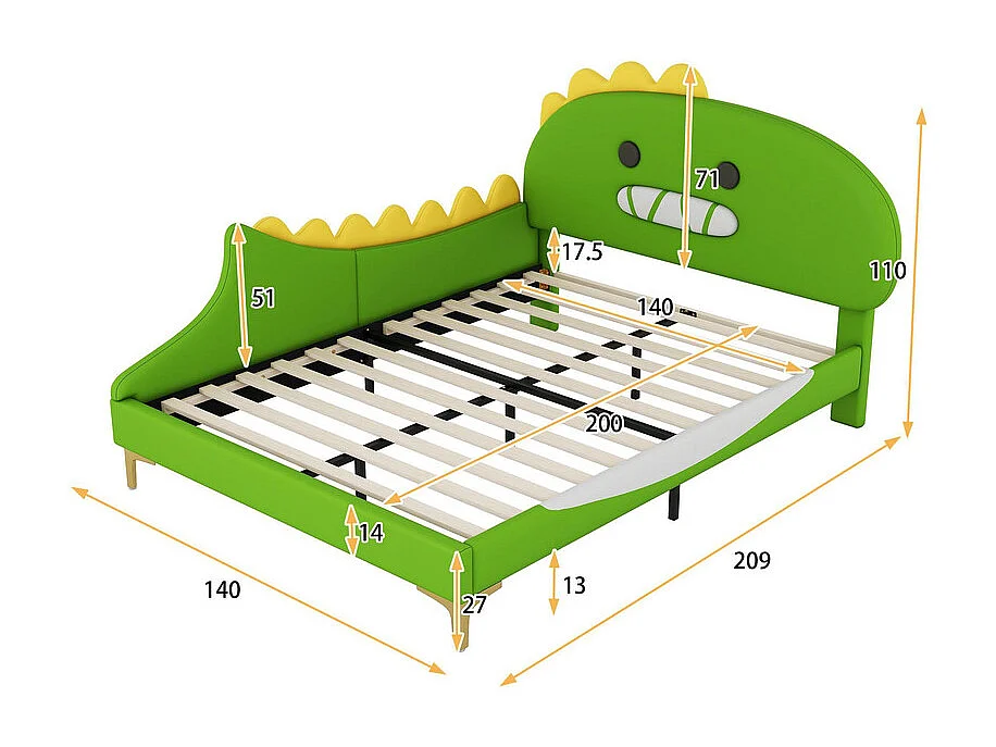Kinderbed 140x200 cm - dinosaurusvorm - in kunstleer - Groen