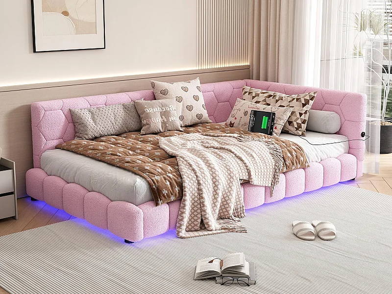 90 x 200 cm großes Schlafsofa aus Samt – mit LED und USB-Anschluss – Rosa