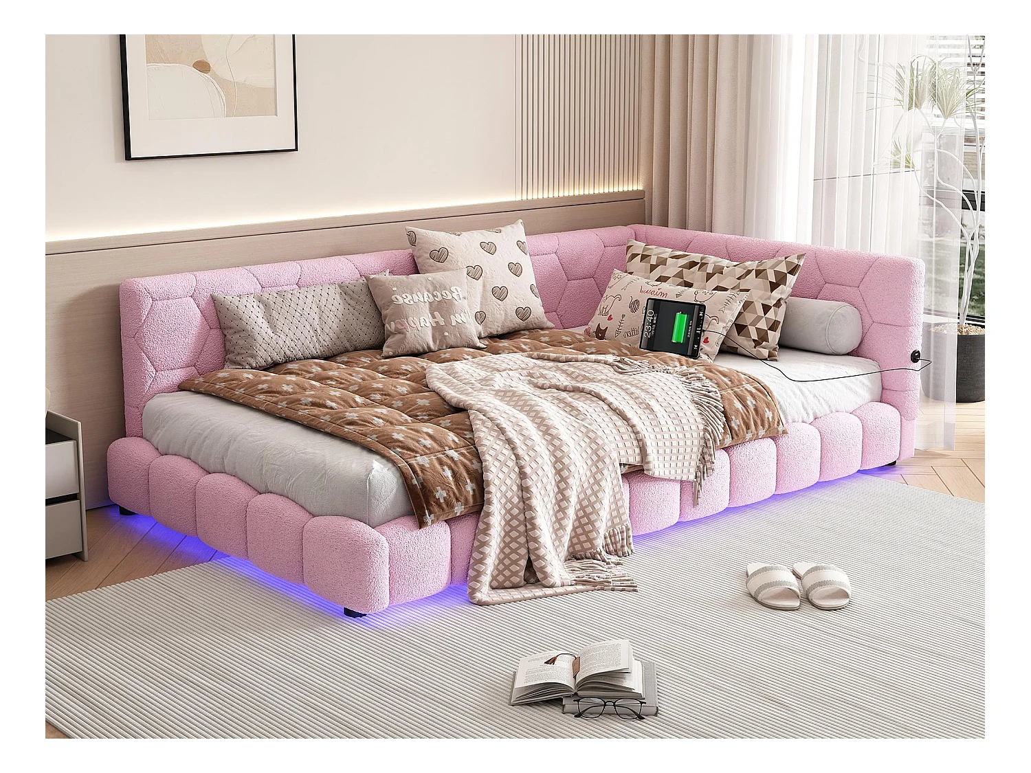 Fluwelen slaapbank 90x200cm - met LED en USB-poort - Roze