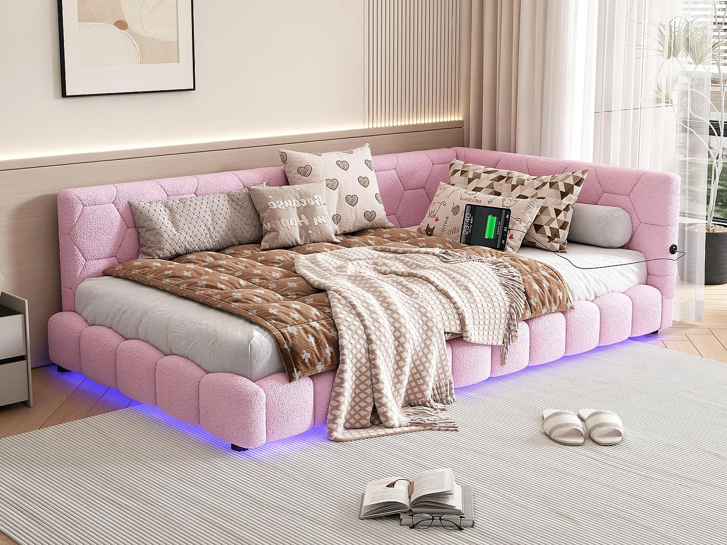 Lit banquette 90x200cm en velours - avec LED et Port USB - Rose
