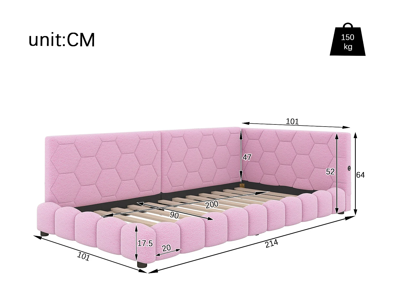 Lit banquette 90x200cm en velours - avec LED et Port USB - Rose