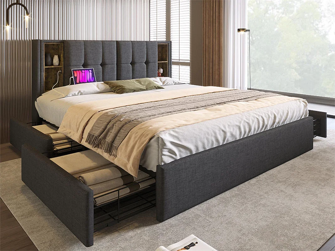 Bett mit Schubladen 160 x 200 cm, gepolstert mit Leinen – mit kabelloser Aufladung und Lattenrost – Grau