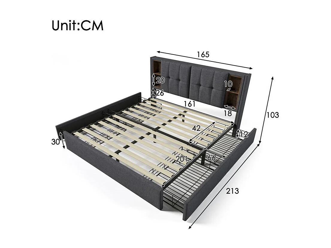 Bett mit Schubladen 160 x 200 cm, gepolstert mit Leinen – mit kabelloser Aufladung und Lattenrost – Grau