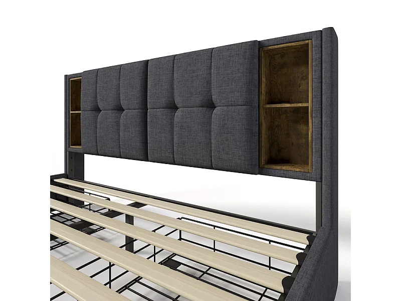 Bett mit Schubladen 160 x 200 cm, gepolstert mit Leinen – mit kabelloser Aufladung und Lattenrost – Grau