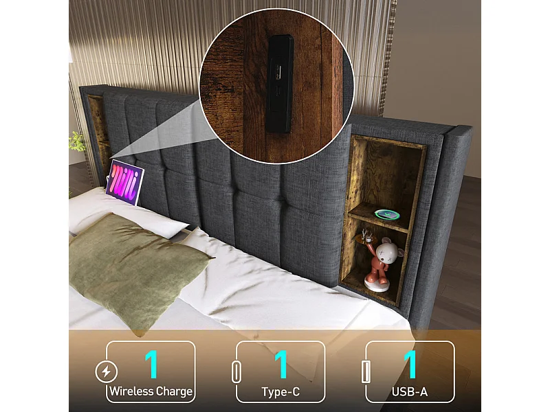 Lit avec tiroirs 160x200cm rembourré en lin - avec chargement sans fil et sommier à lattes - Gris