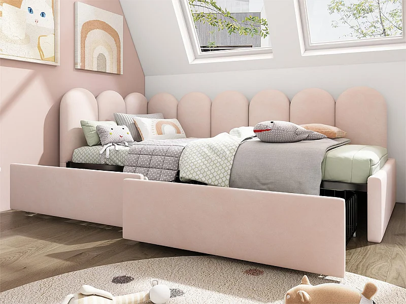 Tagesbett mit 2 Schubladen – Samtstoff – 90 x 200 cm – mit Lattenrost – Rosa