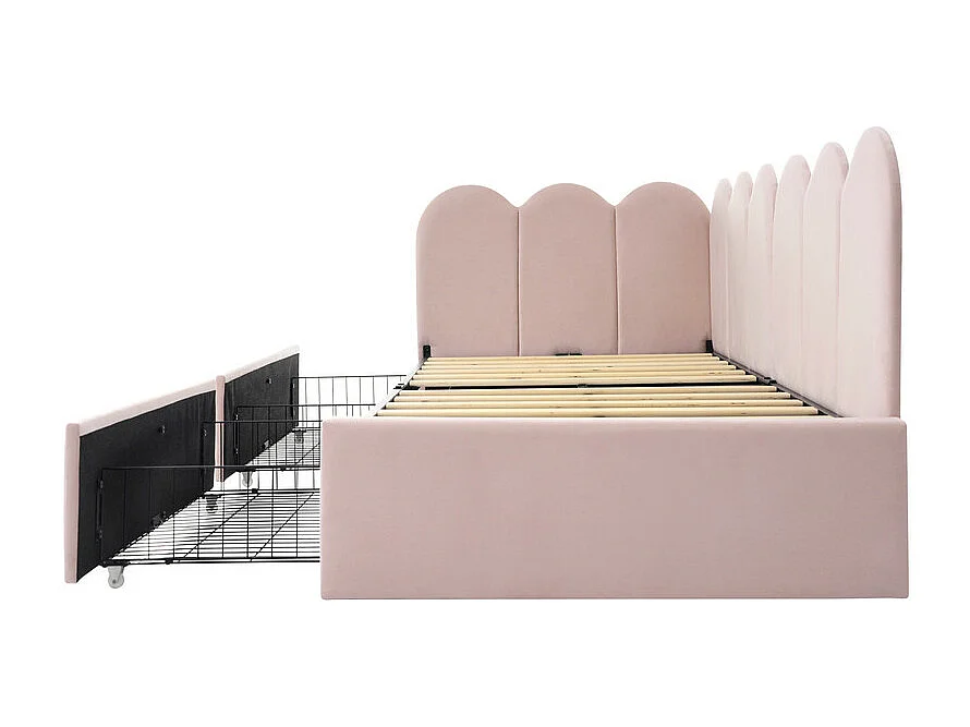 Lit banquette avec 2 tiroirs - tissu en velours - 90x200 cm - avec sommier à lattes - Rose