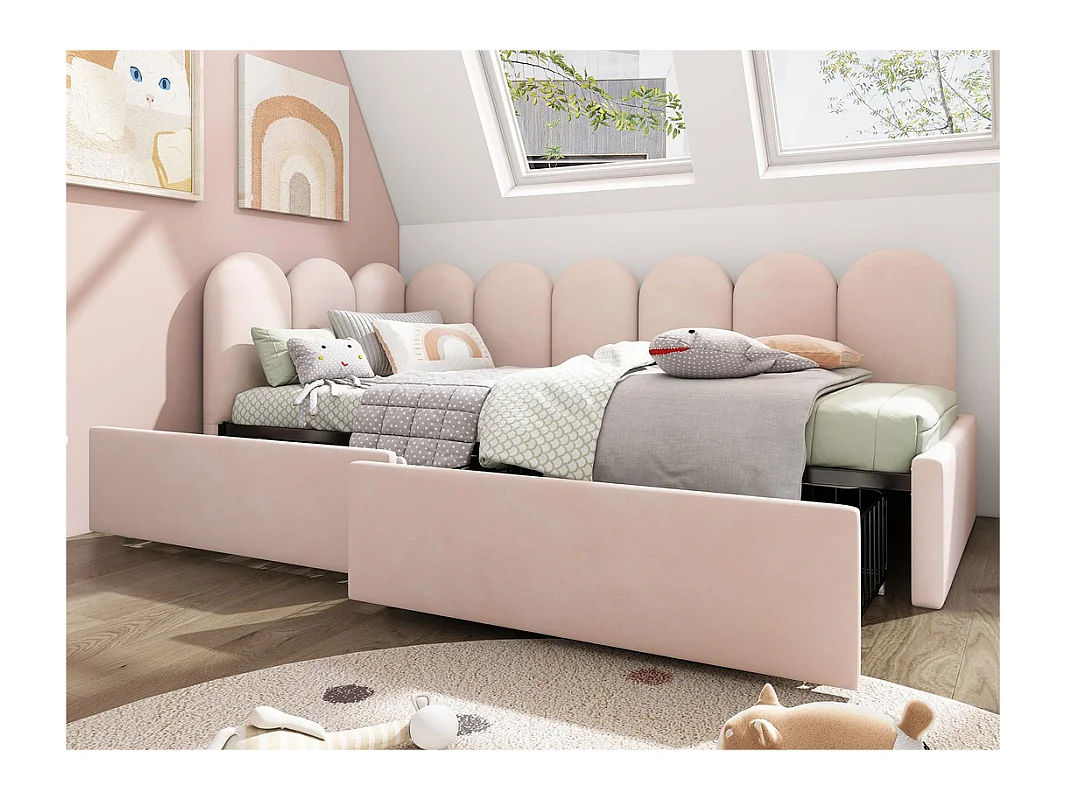Lit banquette avec 2 tiroirs - tissu en velours - 90x200 cm - avec sommier à lattes - Rose