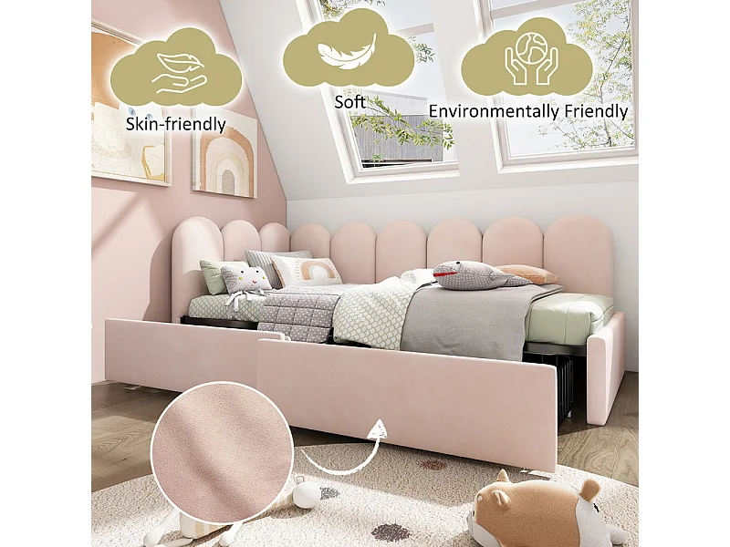 Sofá cama con 2 cajones - tejido de terciopelo - 90x200 cm - con somier - Rosa