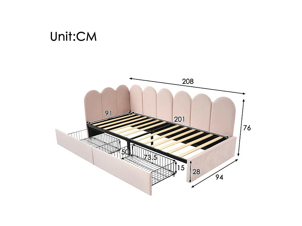 Sofá cama con 2 cajones - tejido de terciopelo - 90x200 cm - con somier - Rosa