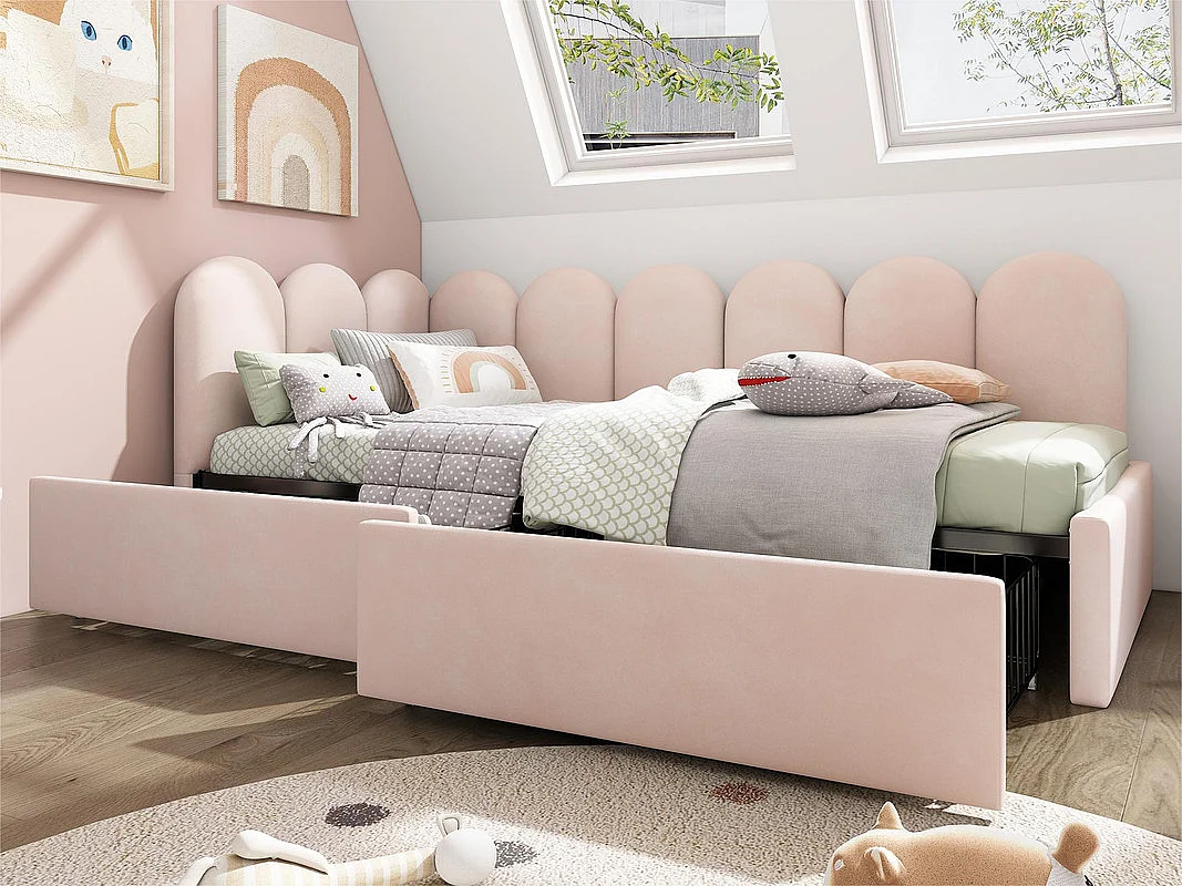 Lit banquette avec 2 tiroirs - tissu en velours - 90x200 cm - avec sommier à lattes - Rose