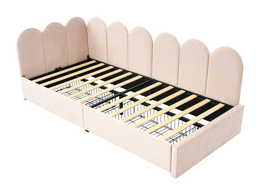 Lit banquette avec 2 tiroirs - tissu en velours - 90x200 cm - avec sommier à lattes - Rose