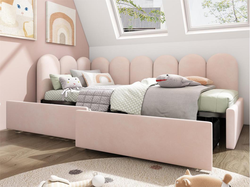 Sofá cama con 2 cajones - tejido de terciopelo - 90x200 cm - con somier - Rosa