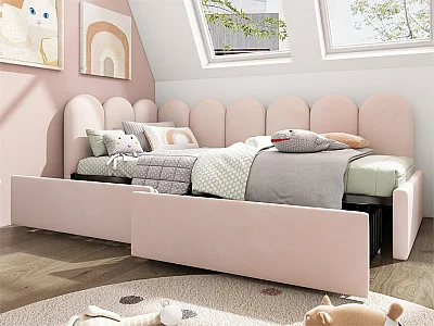 Daybed bed met 2 lades - fluwelen stof - 90x200 cm - met lattenbodem - Roze
