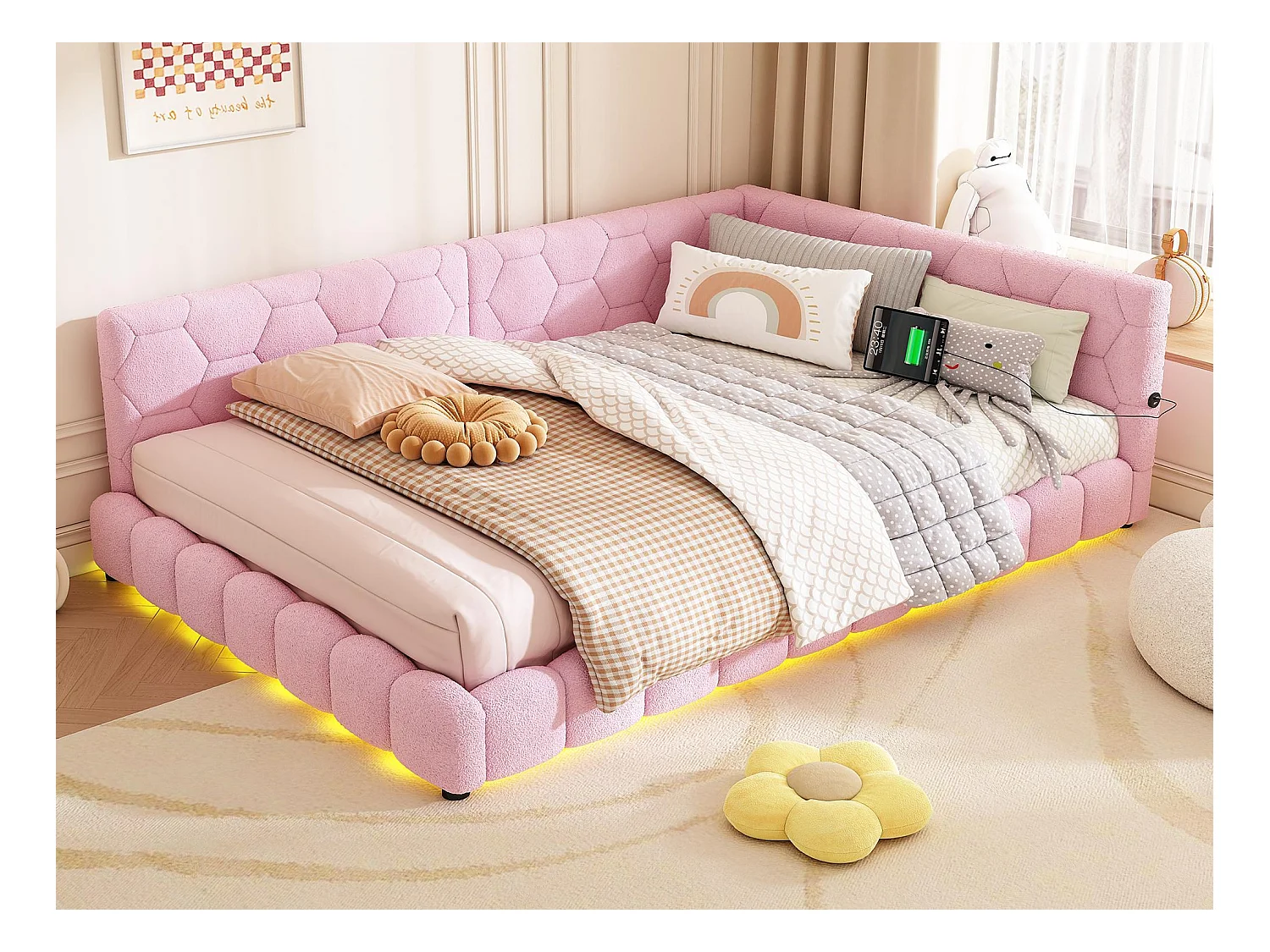Lit banquette 140x200cm en velours - avec LED et Port USB - Rose