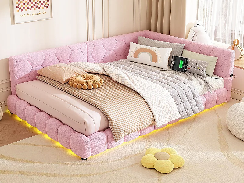 Dormeuse in velluto 140x200 cm - con LED e porta USB - Rosa