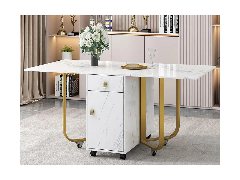 Klappbarer Esstisch auf Rollen – mit Stauraum – Weiß und Gold