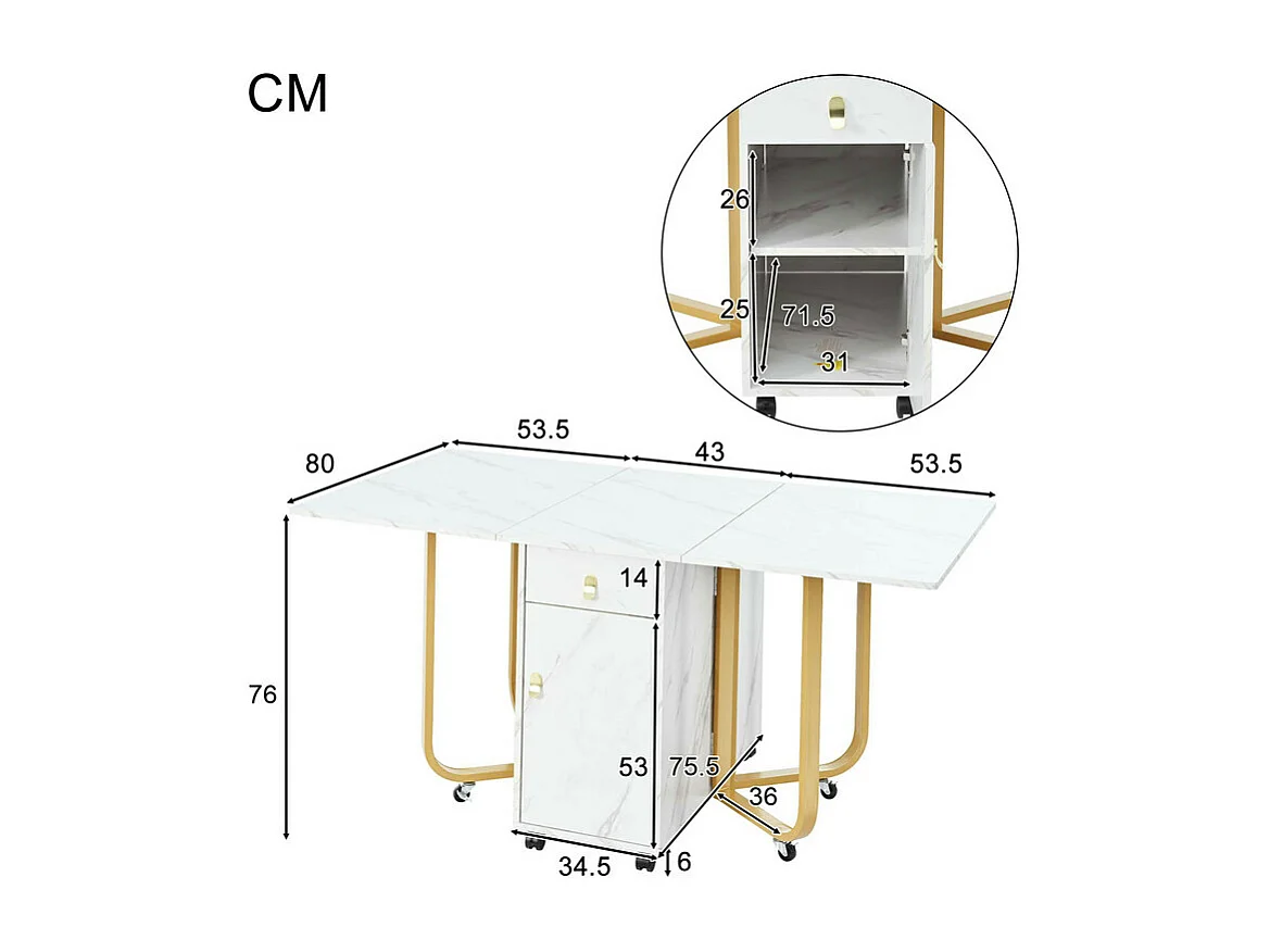 Table à manger pliante sur roulettes - avec eapace de rangement - Blanc & Doré