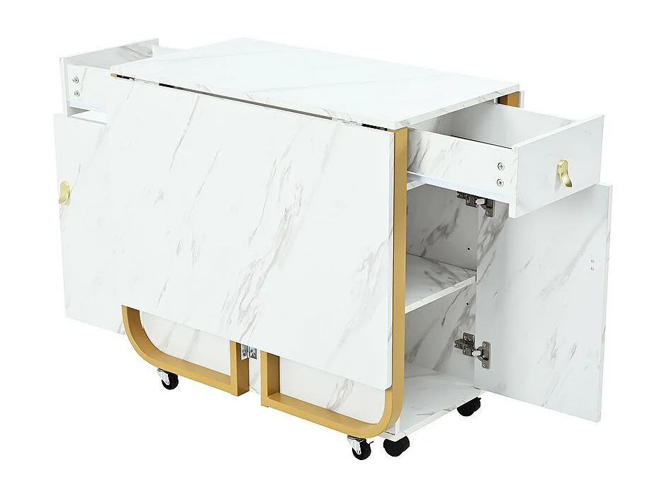 Table à manger pliante sur roulettes - avec eapace de rangement - Blanc & Doré