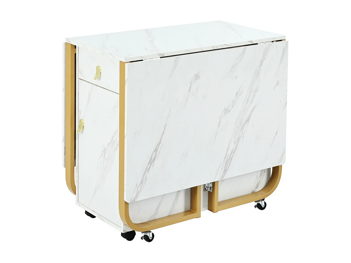 Table à manger pliante sur roulettes - avec eapace de rangement - Blanc & Doré