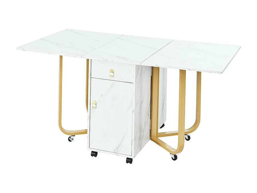 Table à manger pliante sur roulettes - avec eapace de rangement - Blanc & Doré