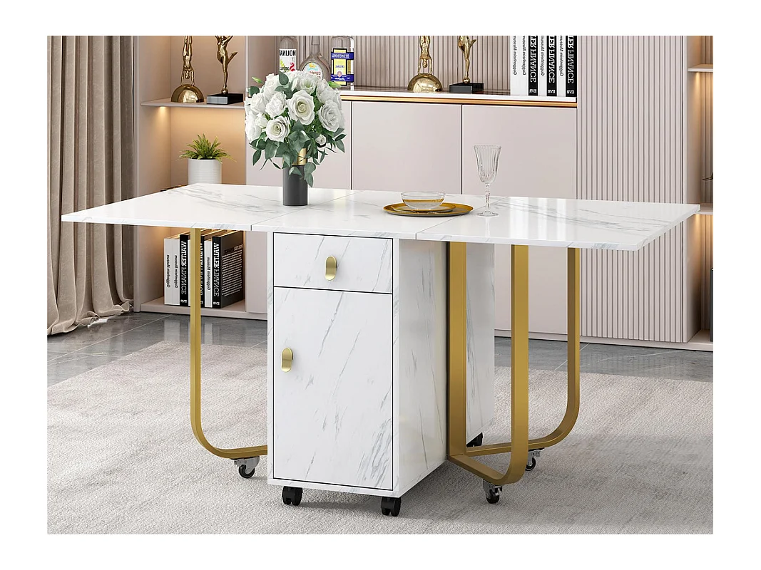 Table à manger pliante sur roulettes - avec eapace de rangement - Blanc & Doré