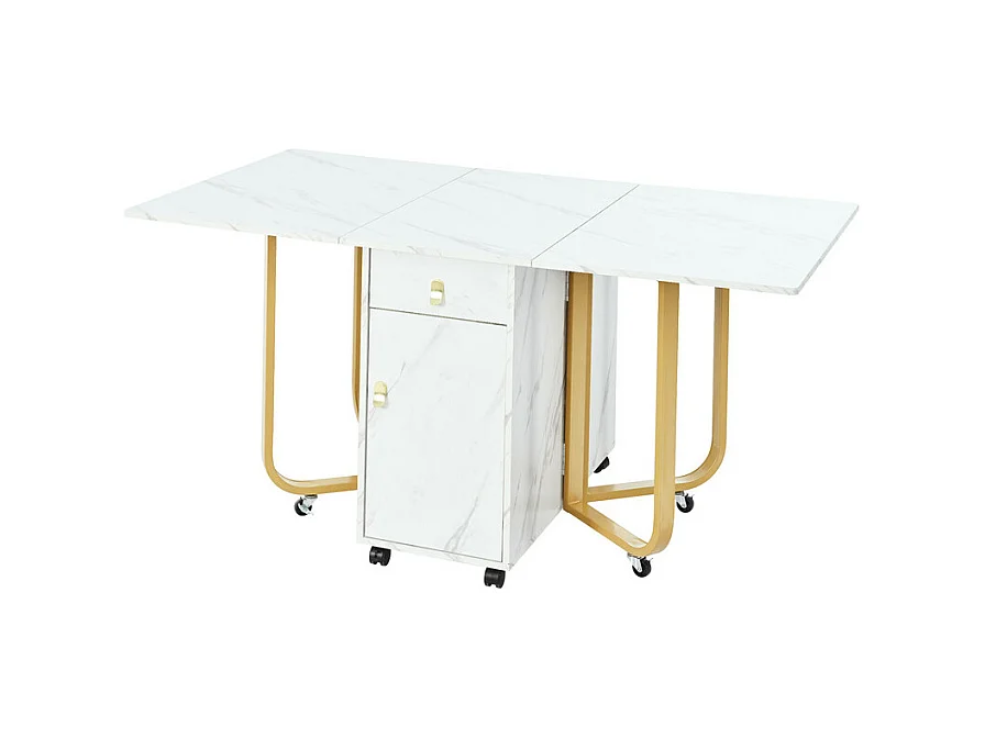 Mesa de comedor plegable con ruedas - con espacio de almacenamiento - Blanco y dorado