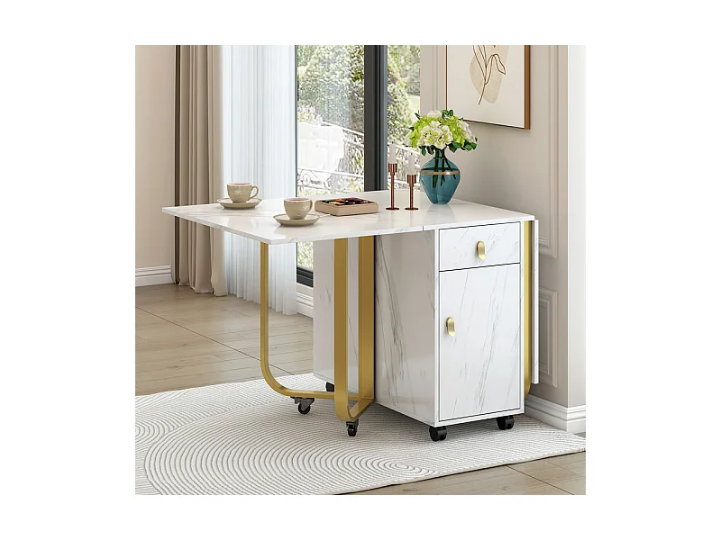 Mesa de comedor plegable con ruedas - con espacio de almacenamiento - Blanco y dorado
