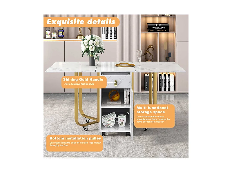 Mesa de comedor plegable con ruedas - con espacio de almacenamiento - Blanco y dorado
