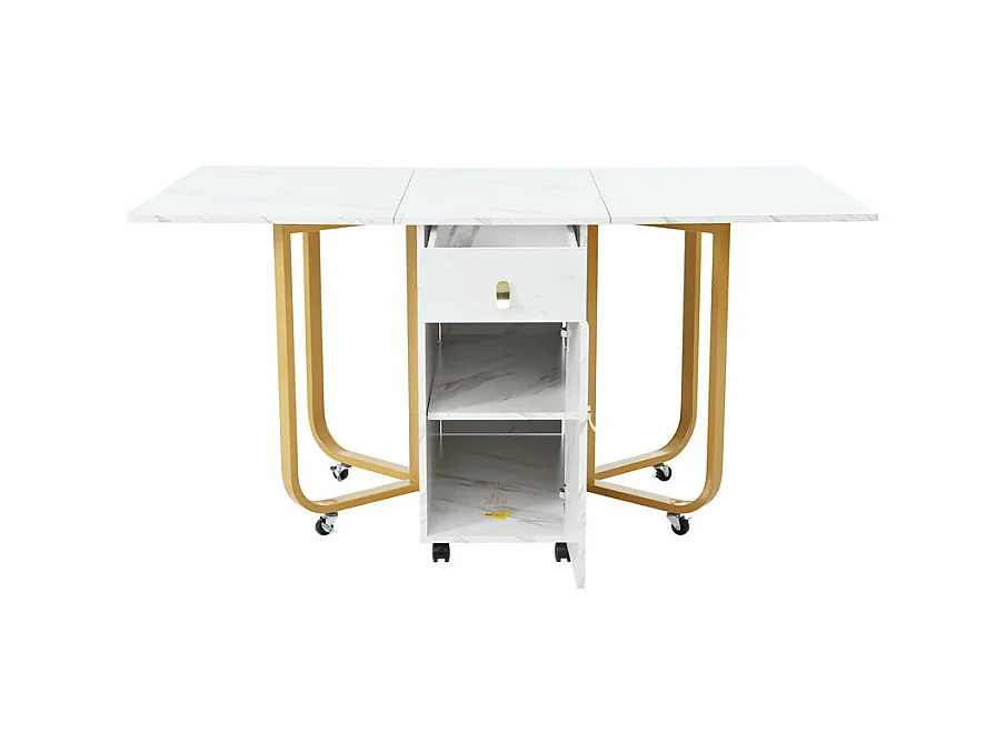Mesa de comedor plegable con ruedas - con espacio de almacenamiento - Blanco y dorado