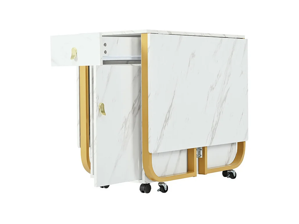 Mesa de comedor plegable con ruedas - con espacio de almacenamiento - Blanco y dorado