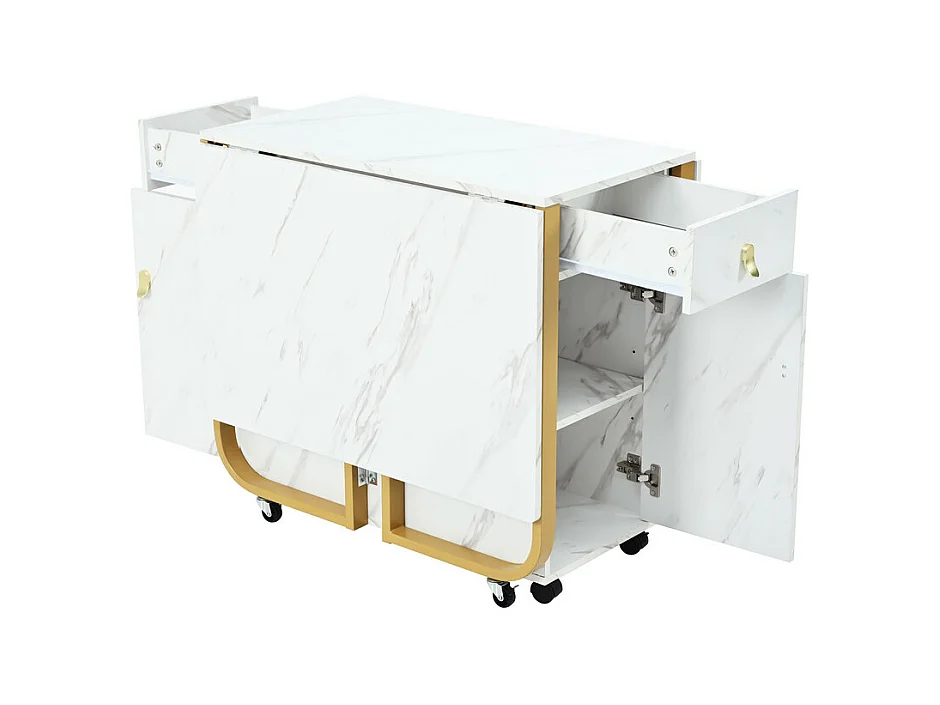 Mesa de comedor plegable con ruedas - con espacio de almacenamiento - Blanco y dorado