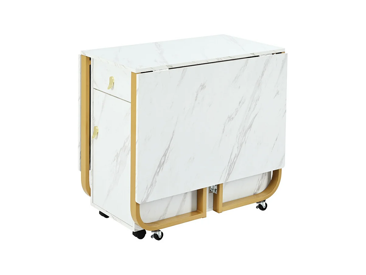 Mesa de comedor plegable con ruedas - con espacio de almacenamiento - Blanco y dorado