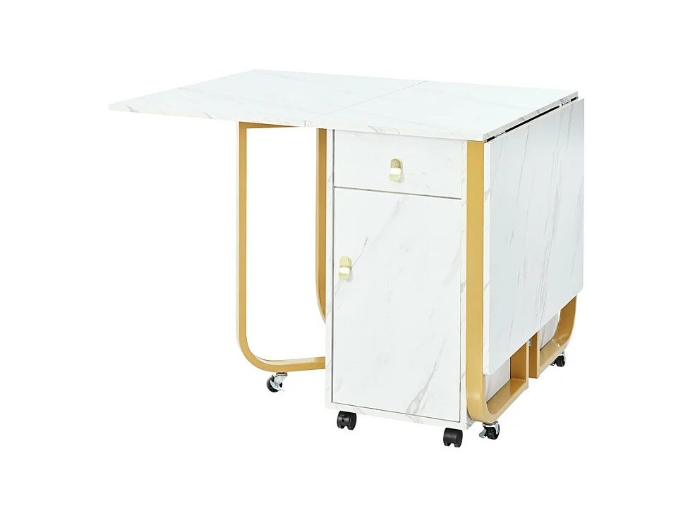 Mesa de comedor plegable con ruedas - con espacio de almacenamiento - Blanco y dorado